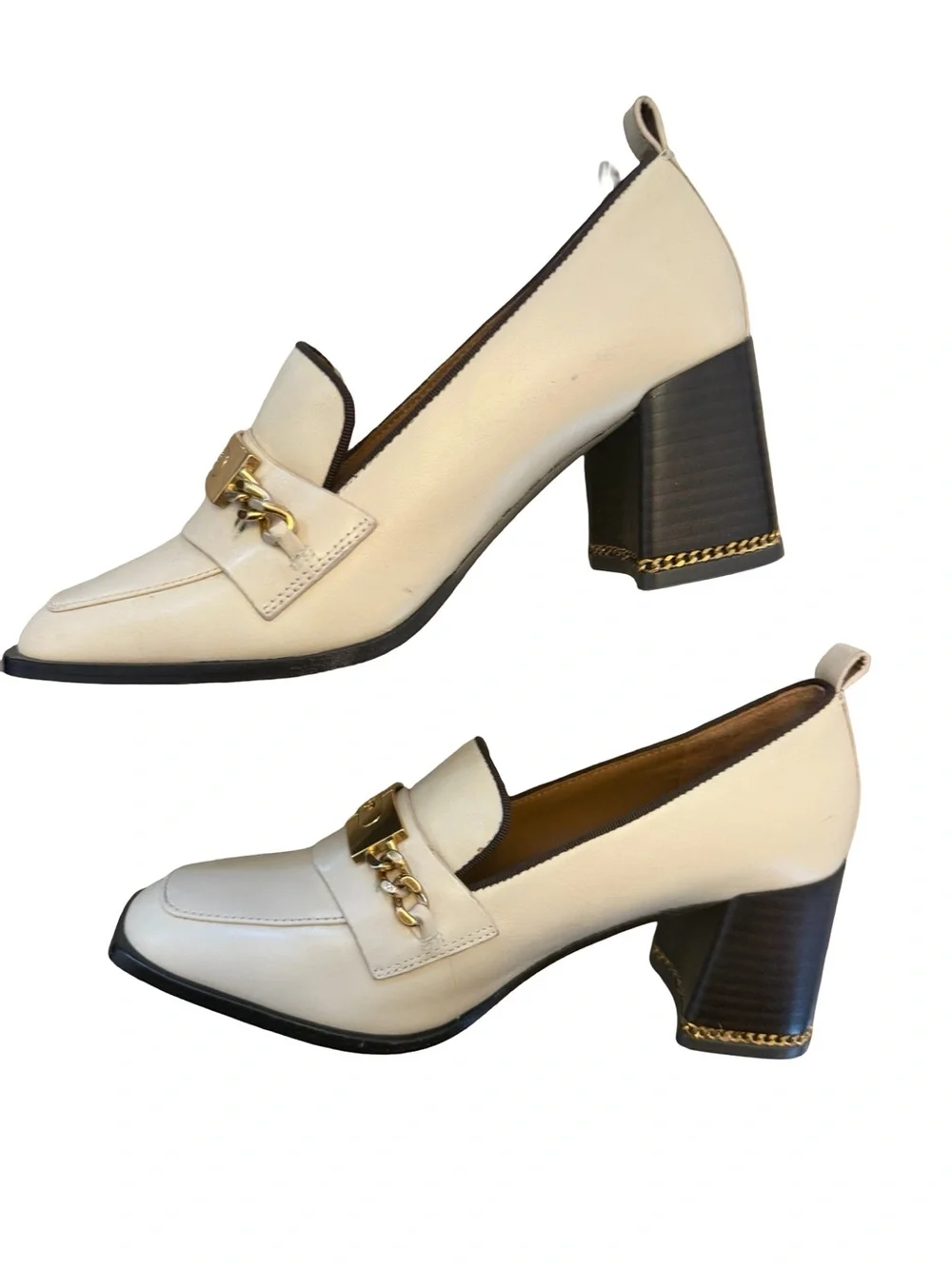 Tory Burch Cream Block Heel Loafers with Gold Chain and Brown
